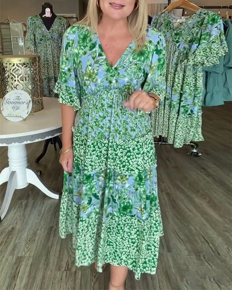 Kjole V-Hals Lotussærme Blomstret