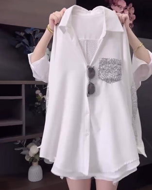 Revers-Paillet-Langærmet Bluse