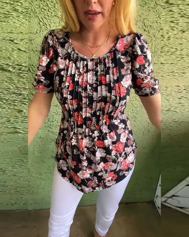 Bluse Rund hals Pufærme Plisseret Blomstret