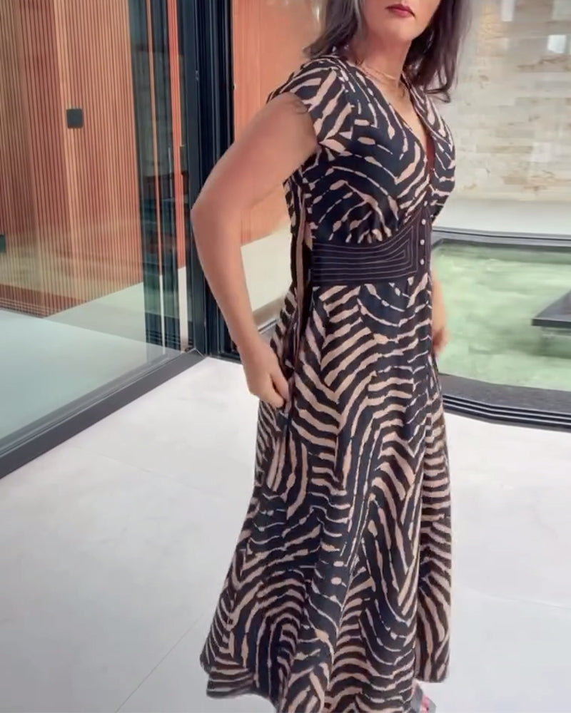 Trykt Kjole Med V-hals & Lotusblad-ærmer