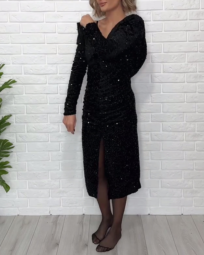 Kjole V-Hals Pailletter Slids Fest