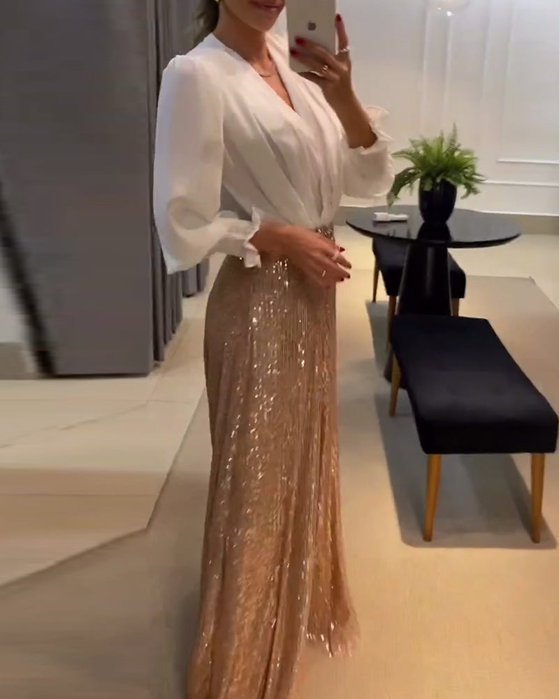 Elegant ensfarvet sommerbluse med lanterneærmer og V-udskæring