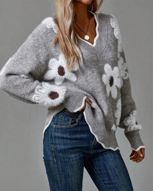 V-halset pullover med blomstermotiv