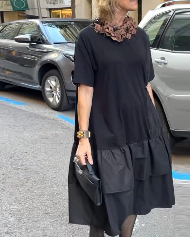 Kjole Rund Hals Korte Ærmer Patchwork Løs