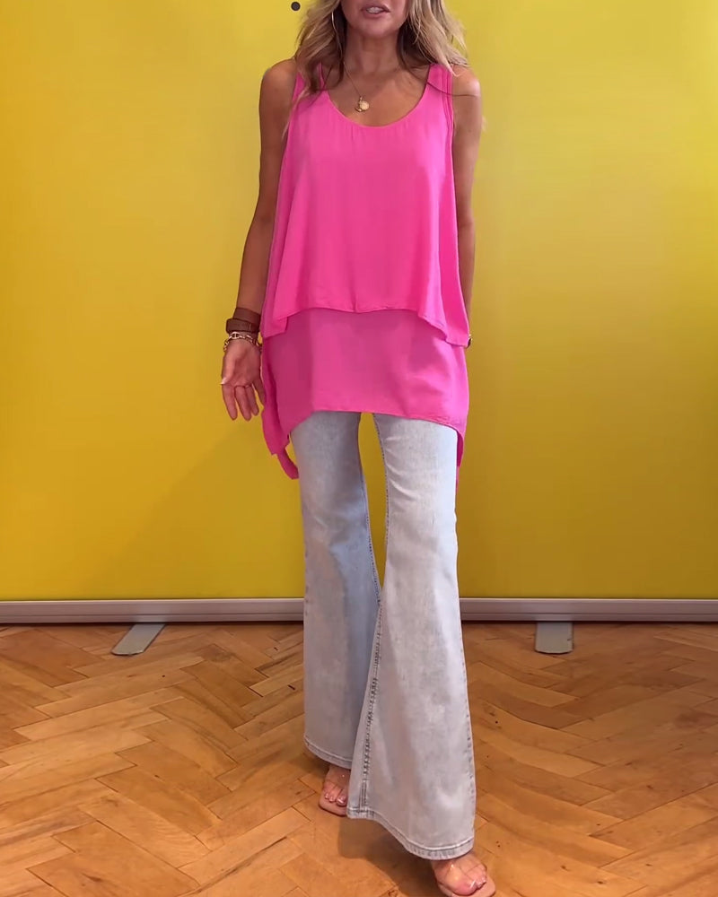 Ensfarvet top uden ærmer i to lag