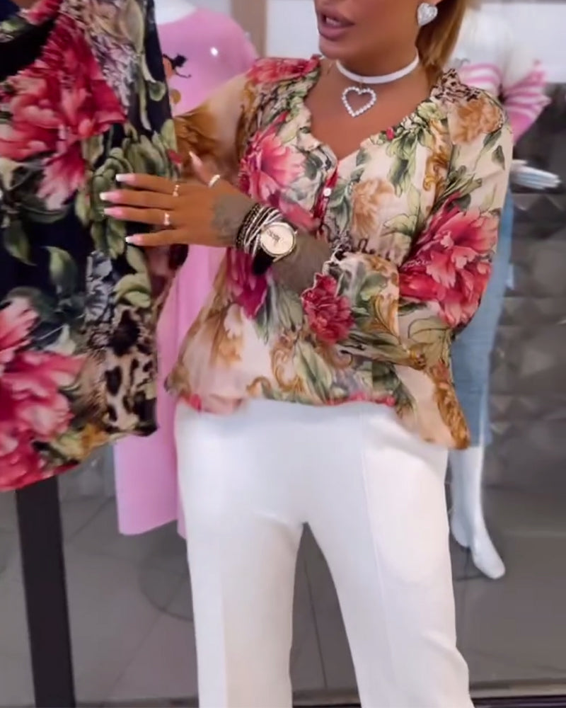 Bluse Med V-Hals Blomsterprint