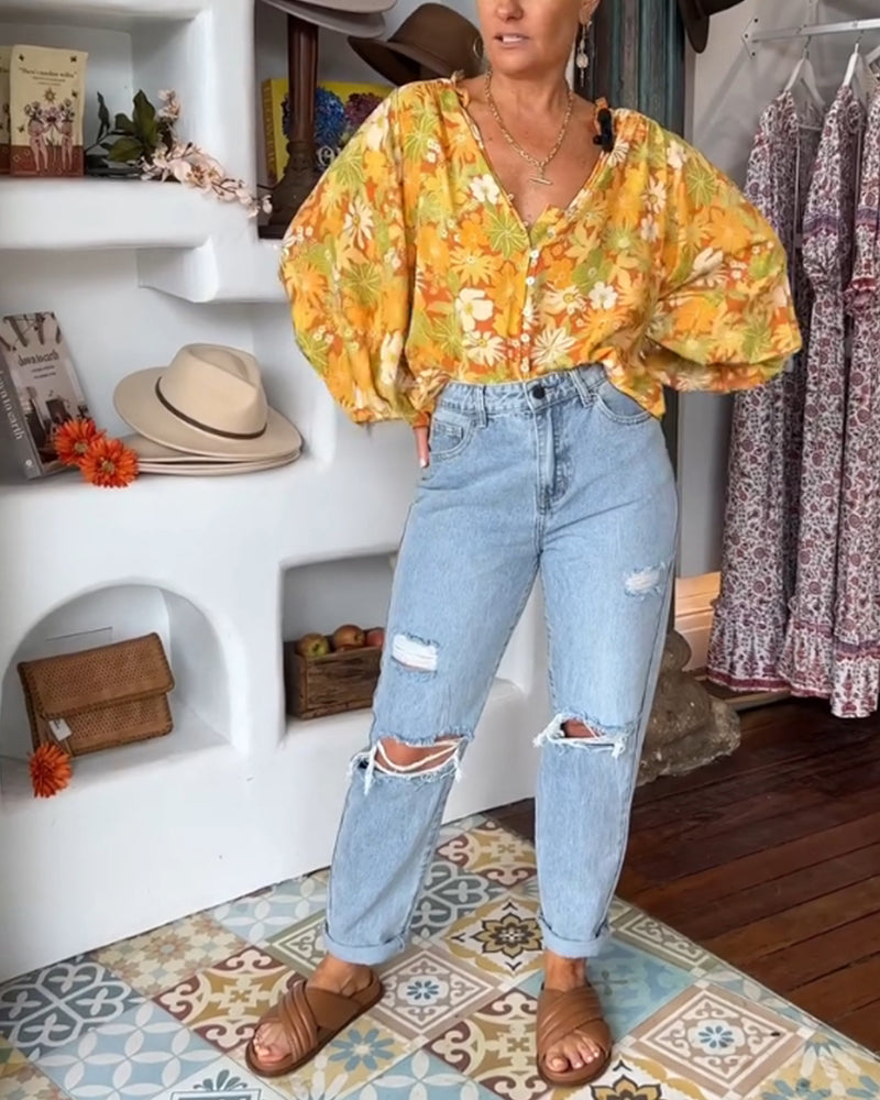 V-halset bluse med blomsterprint