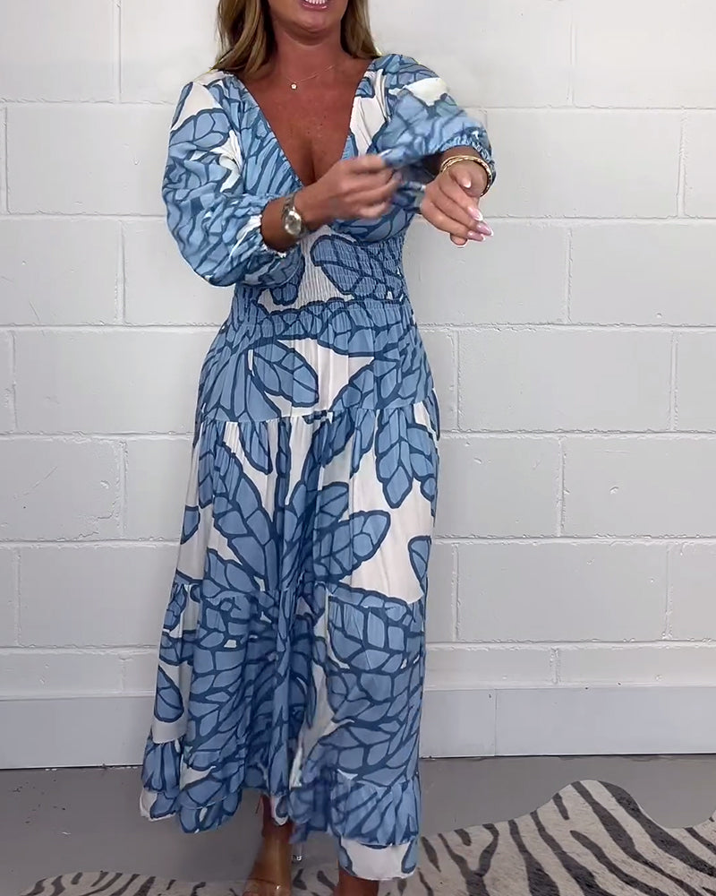 Lang kjole med V-hals print til kvinder