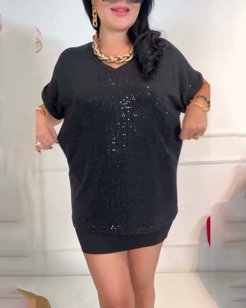 Bluse V-hals Pailletter Elegant