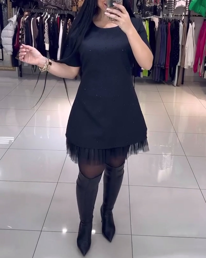 Kjole Med Kortærmet Mesh-Nederdel Med Perlesømme