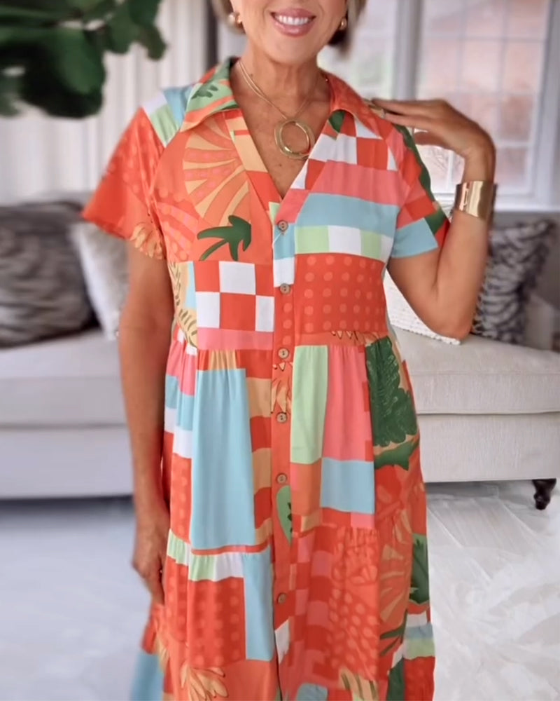 Kjole V-Hals Korte Ærmer Mønstret Casual