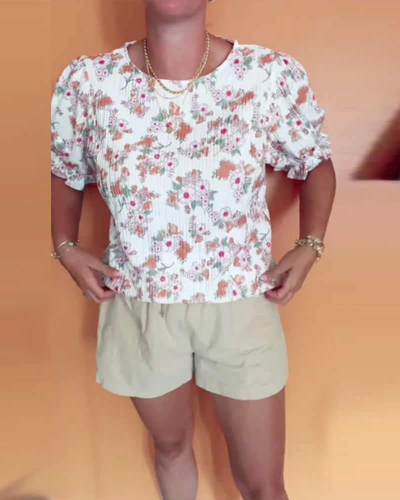 Bluse Rund Hals Blomstret Kort Ærme