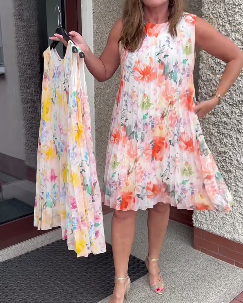 Kjole Ærmeløs Plisseret Blomstret