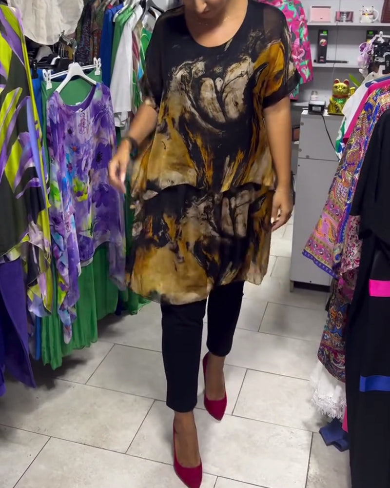 Top Rund Hals Løs Casual Trykt