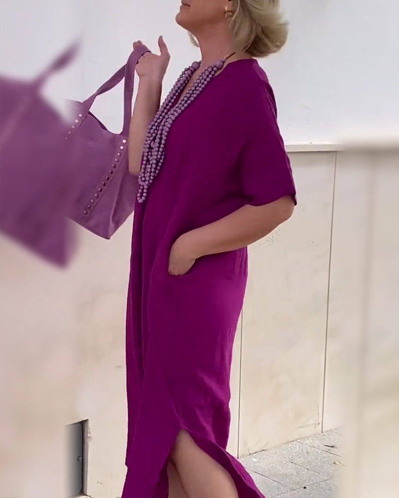 Kjole V-Hals Ensfarvet Simpel Lang