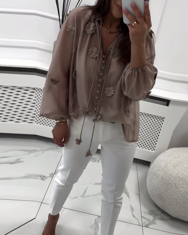 Bluse Ensfarvet 3D-Blomster Snøre