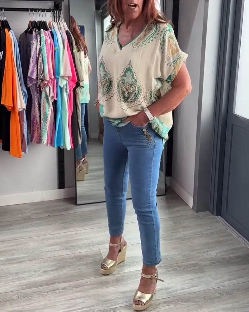 V-halset afslappet top med retroprint