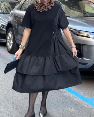 Kjole Rund Hals Korte Ærmer Patchwork Løs