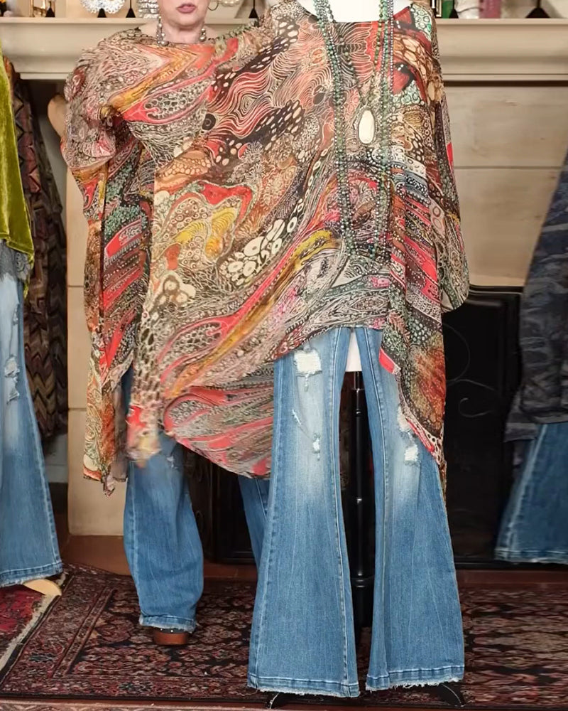 Bluse Løs Flagermuseærme Tryk