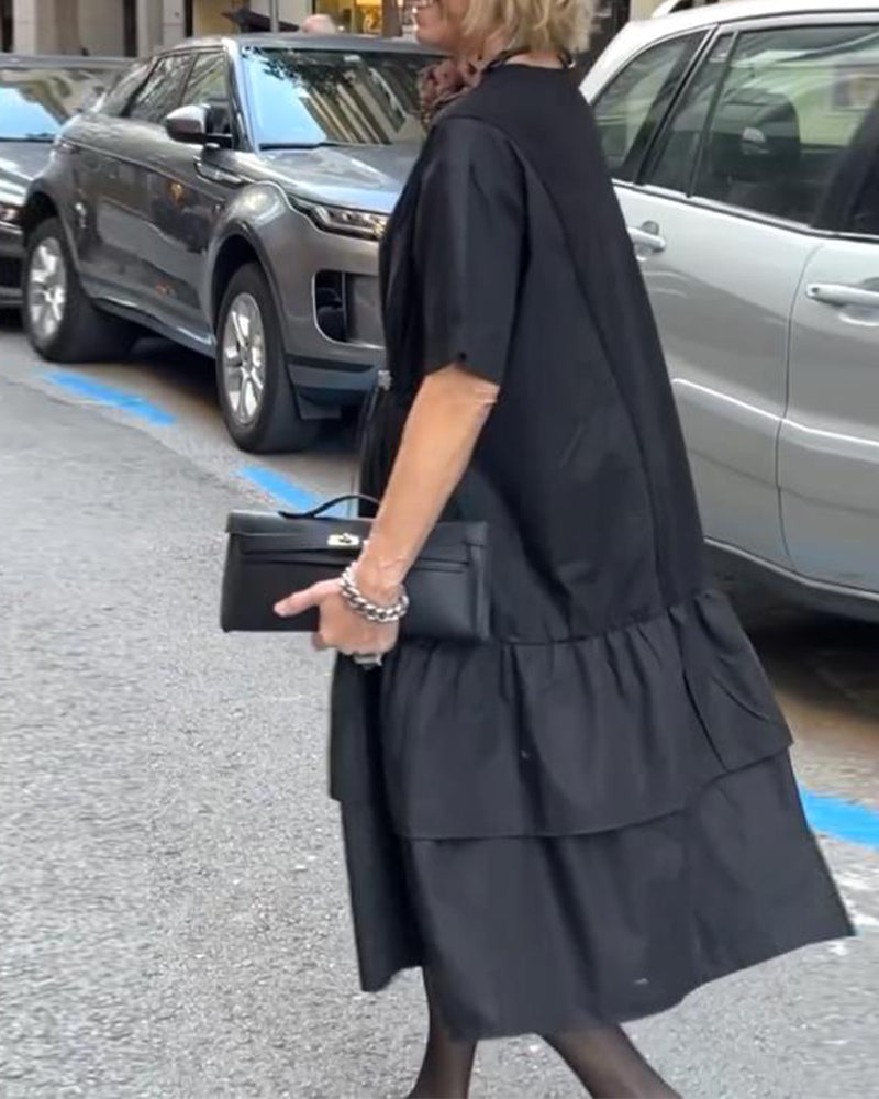 Kjole Rund Hals Korte Ærmer Patchwork Løs