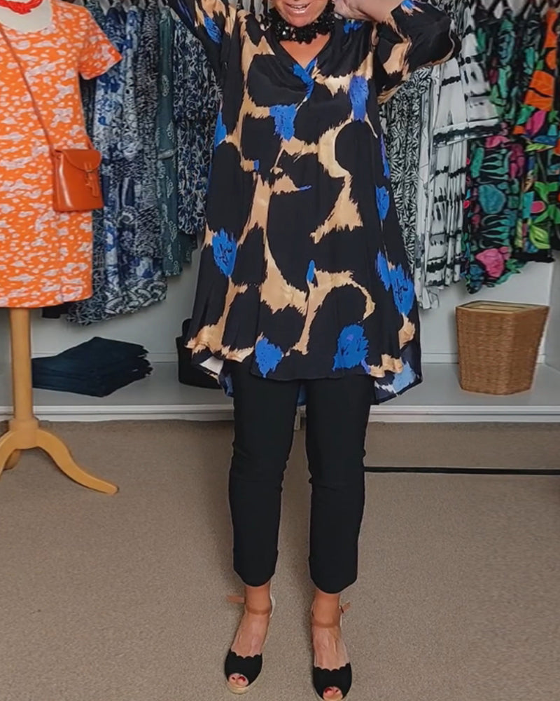 Langærmet bluse med V-hals og print