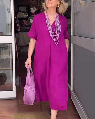 Kjole V-Hals Ensfarvet Simpel Lang