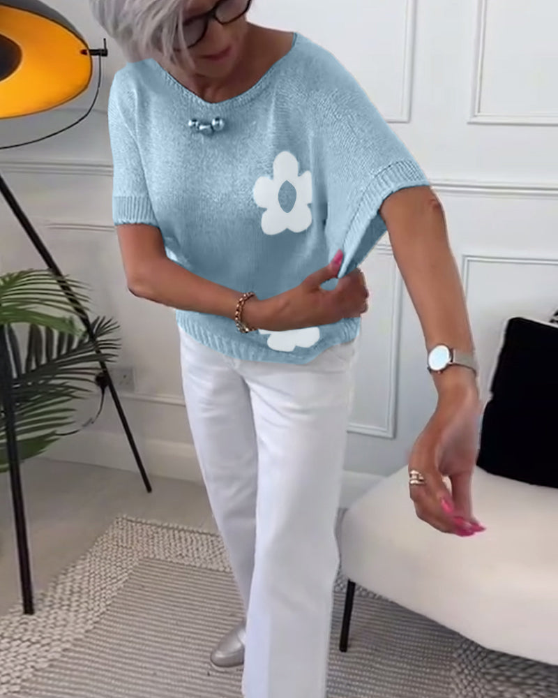 Slim fit striktrøje med rund hals og blomstermotiver