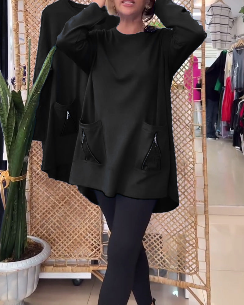 Ensfarvet lynlåslomme til sweatshirt med rund hals