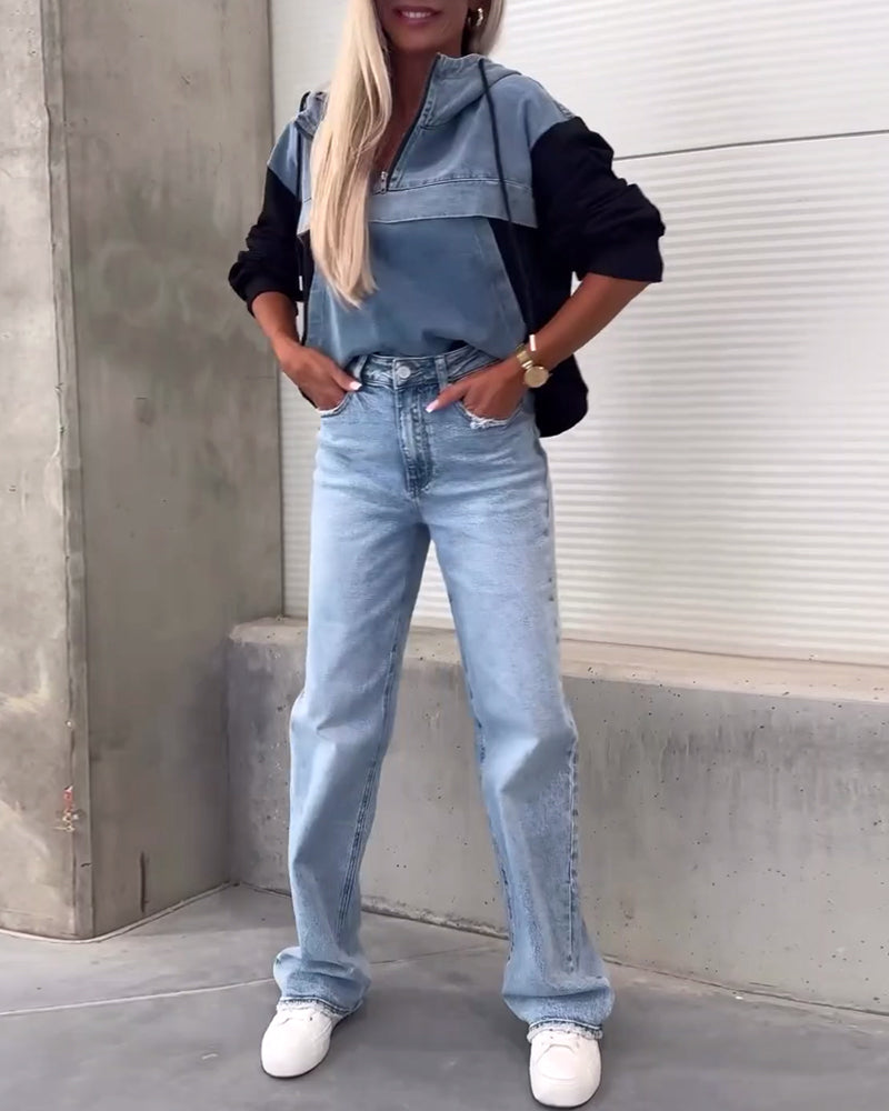 Patchwork denim hættetrøje med lynlås