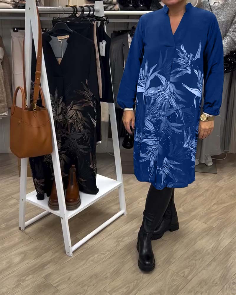 Kjole V-hals Blad Print Langærmet