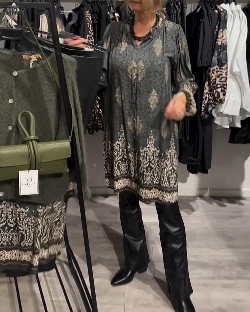 Revers-kjole med vintage-print med knapper