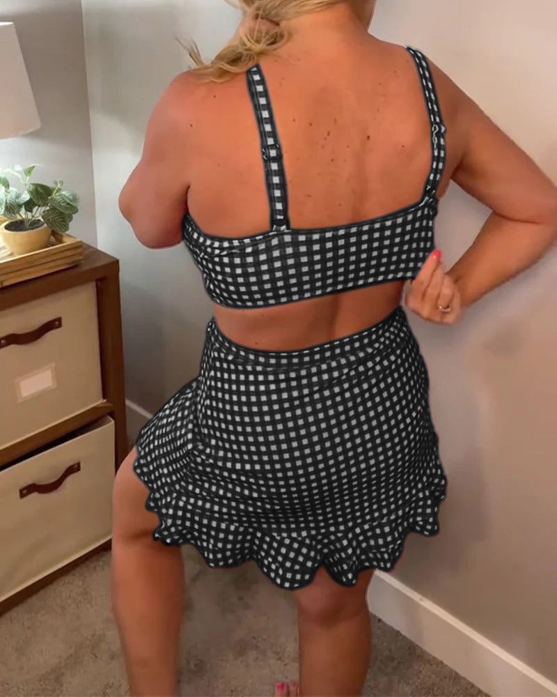 Badedragt med afslappet rem og ternet print i to dele