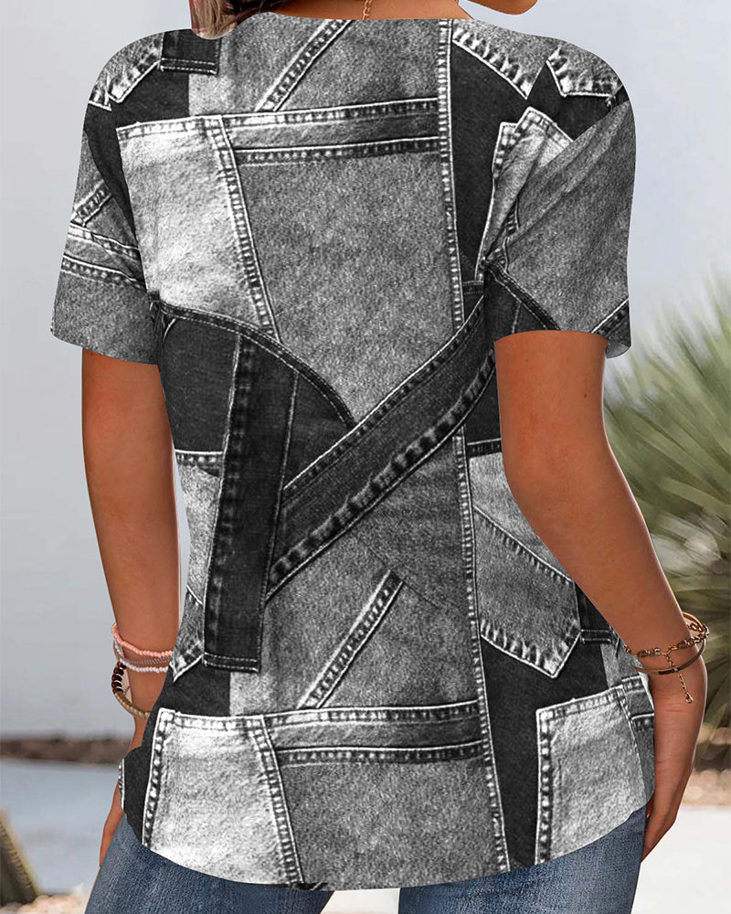 Bluse Vintage Denim Kontrast Udskæring