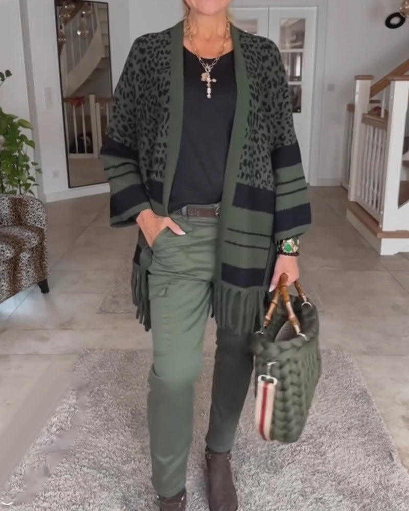 Langærmet cardigan med mørkt leopardprint