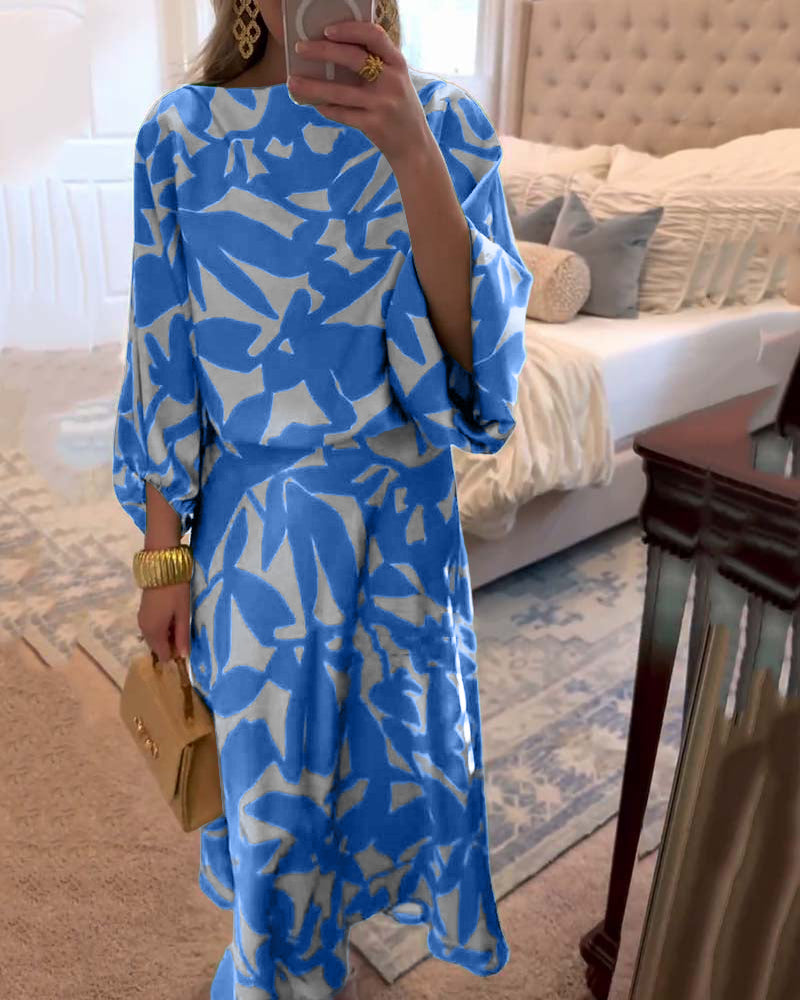 Sæt Kjole Afslappet Trykt Lanterneærmer Temperament