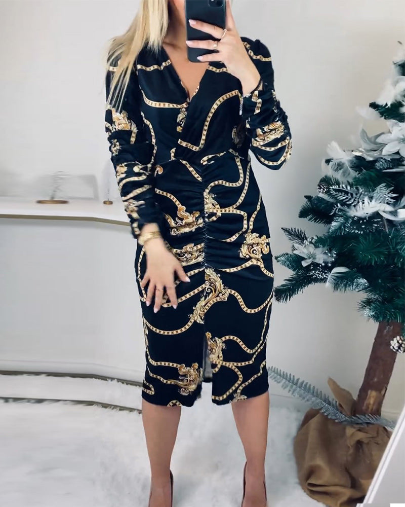 Slim fit kjole med slids og print