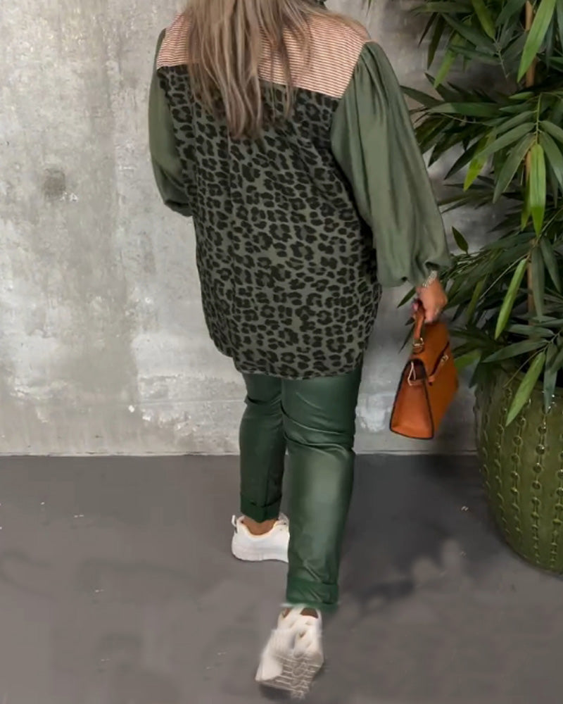 Skjorte med lanterneærmer og leopardprintet brystlomme