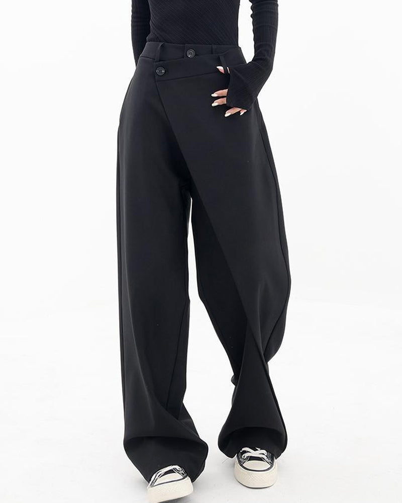 Ensfarvede patchwork bukser med tværgående knaplukning