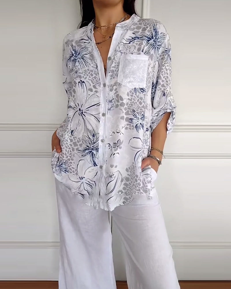 Skjorte Ståkrave Trykt Lomme