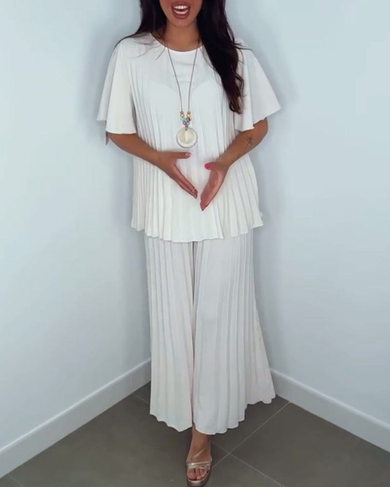 Ribmønstret to-delt sæt | Hvide bukser og bluse