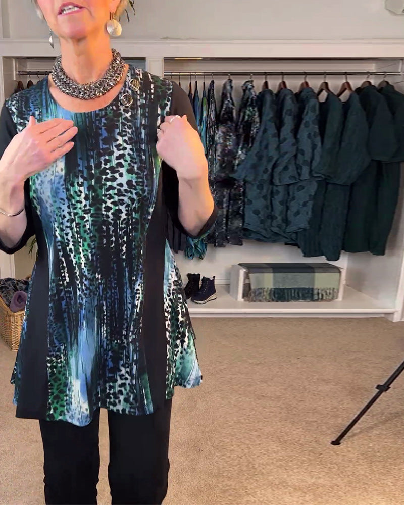 T-shirt afslappet rundhalset leopardprint farveblok