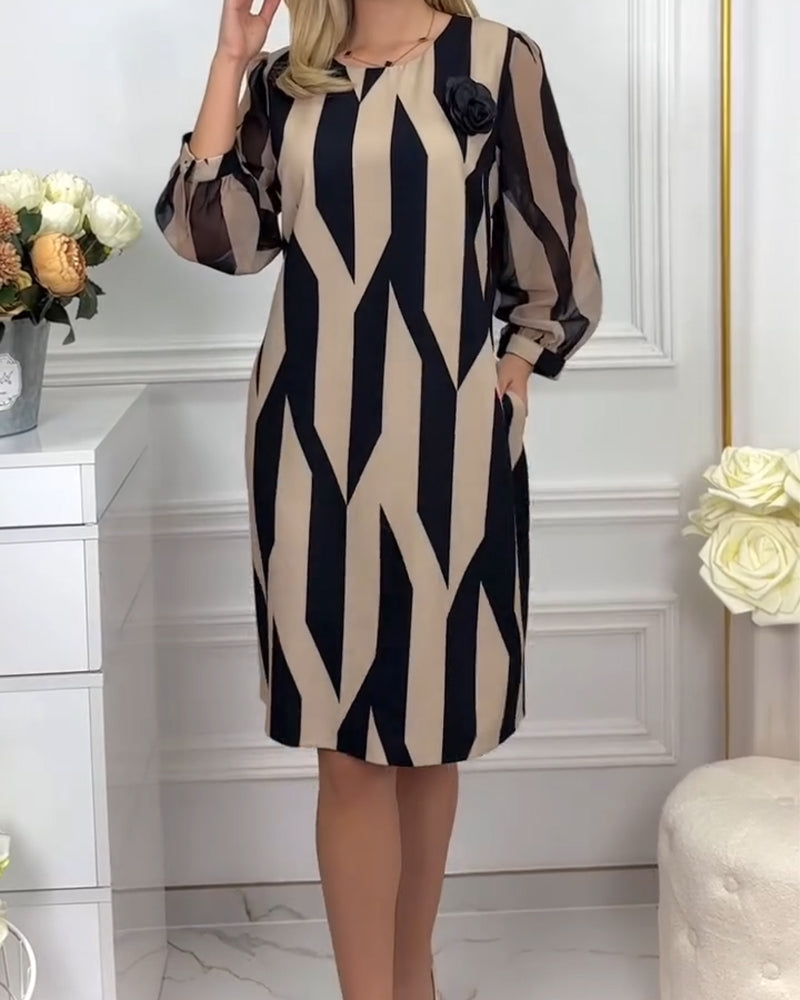 Kjole Rund Hals Lanterne Ærme Printet