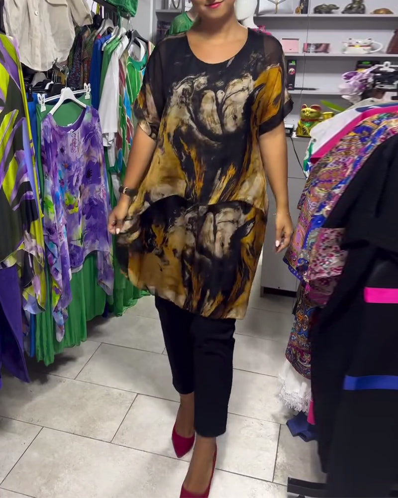 Top Rund Hals Løs Casual Trykt