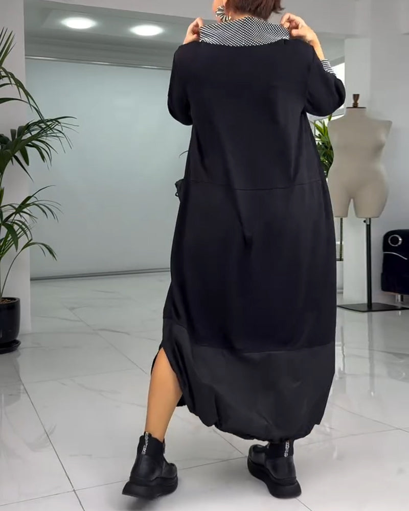 Afslappet patchworkkjole med høj krave