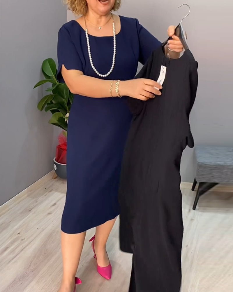 Ensfarvet kortærmet elegant kjole