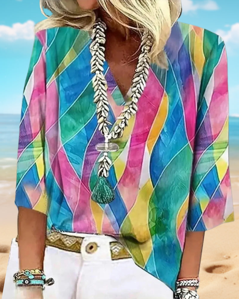 Bluse V-Hals Kontrastfarve