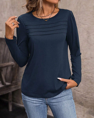 Top Ensfarvet Rund Hals Lange Ærmer