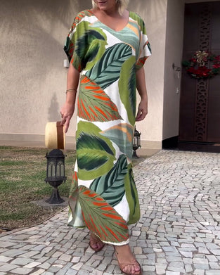 Afslappet kjole med korte ærmer og botanisk print