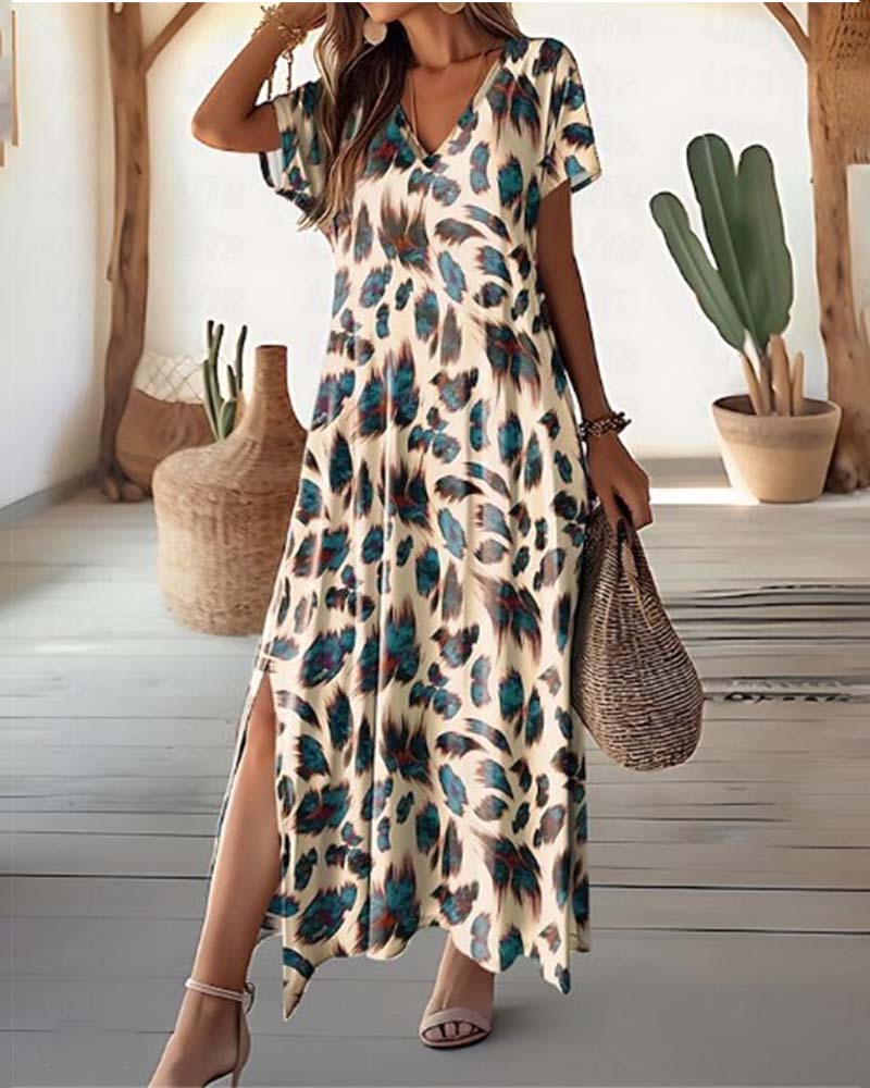 Lang kjole med print og slids