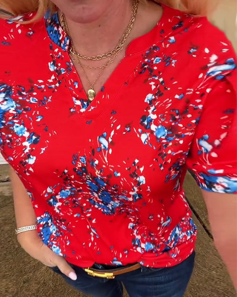 T-Shirt V-Hals Blomsterprint Korte Ærmer